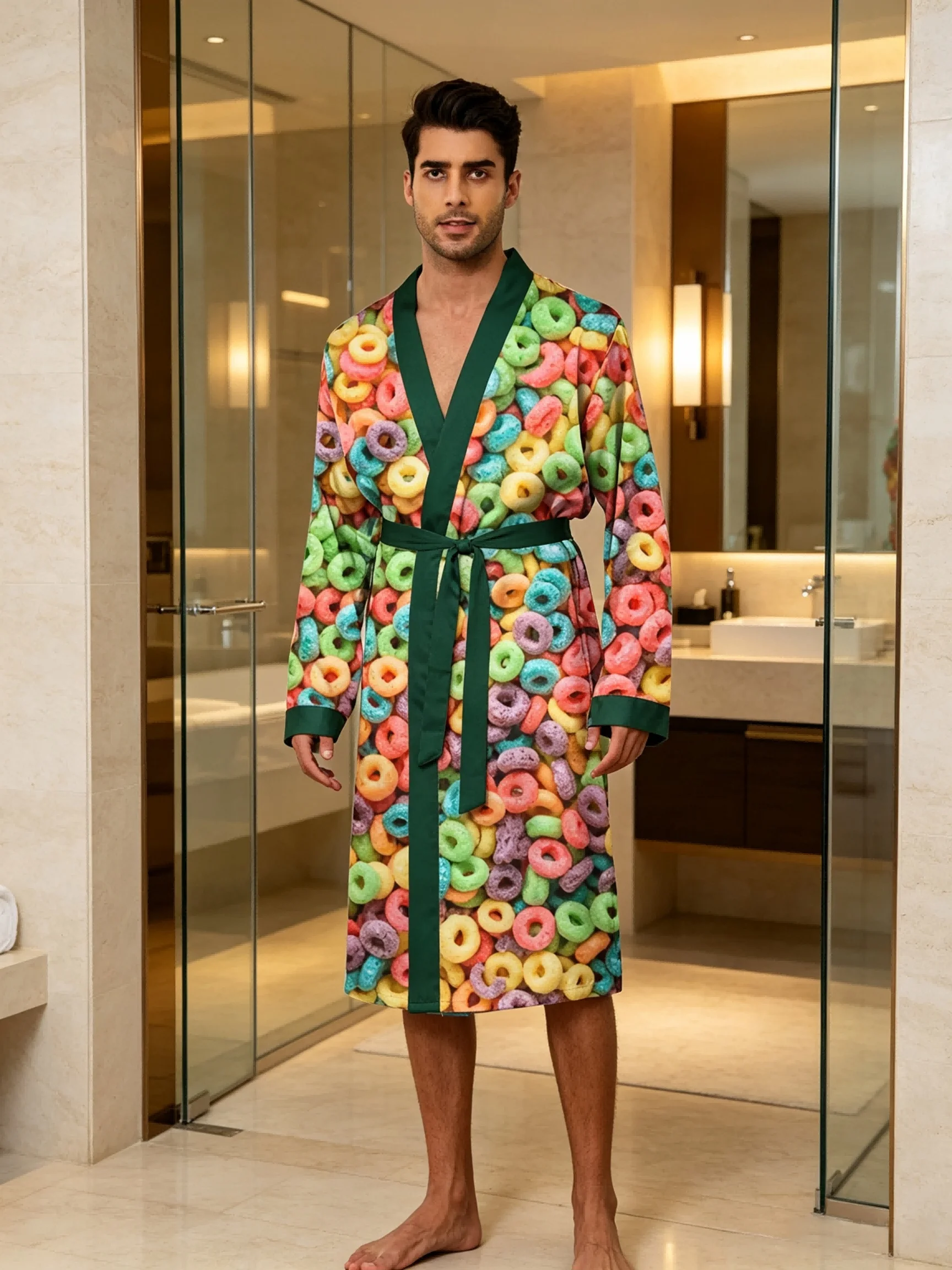 Men's lightweight quick-drying pajama bathrobe - 3D digital printing, non-fading design, stand-up collar and adjustable waistban