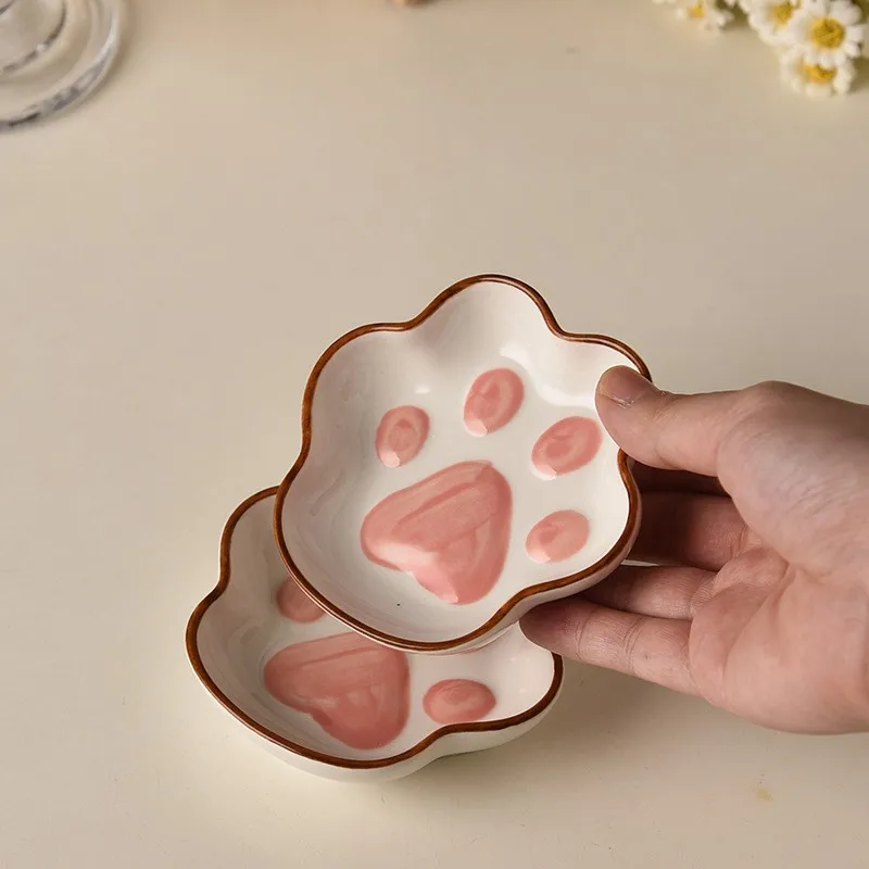 Plato japonés con sabor a pata de gato, plato de cerámica para postre de dibujos animados, plato para salsa de fruta de soja, cuenco para condimentos, platos de inmersión para el hogar