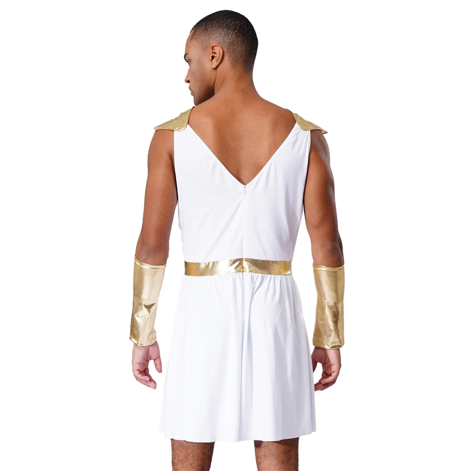 Men Greek Costumes V-Neck Sleeveless Contrast Color Patchwork Robe+Cuffs Set for Halloween Cosplay Theme Party Fancy Dress Ball