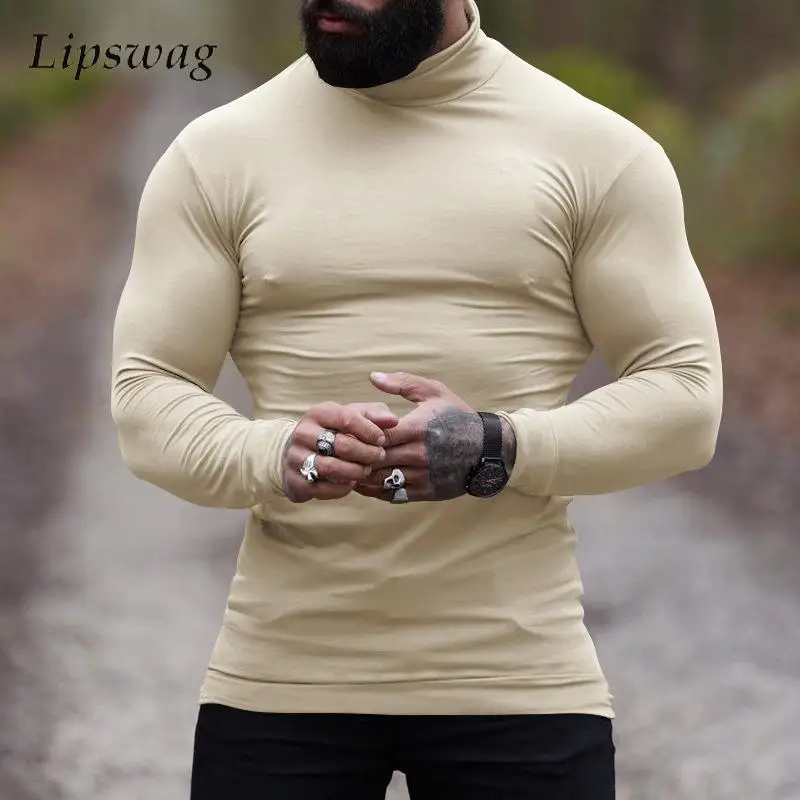 

Elastic Slim Bottoming T Shirt Men Knitted Long Sleeve Turtleneck Sweater Fall Winter Warm Basic Tops Mens Casual Knit Sweaters