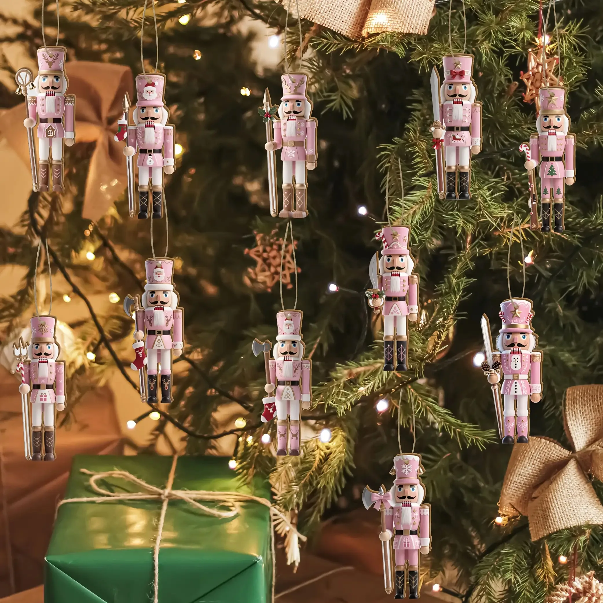 12Pcs Wooden Christmas Ornaments Set Pink Nutcracker Designs Xmas Tree  Home Decor Perfect Accents to Enhance Holiday Atmosphere