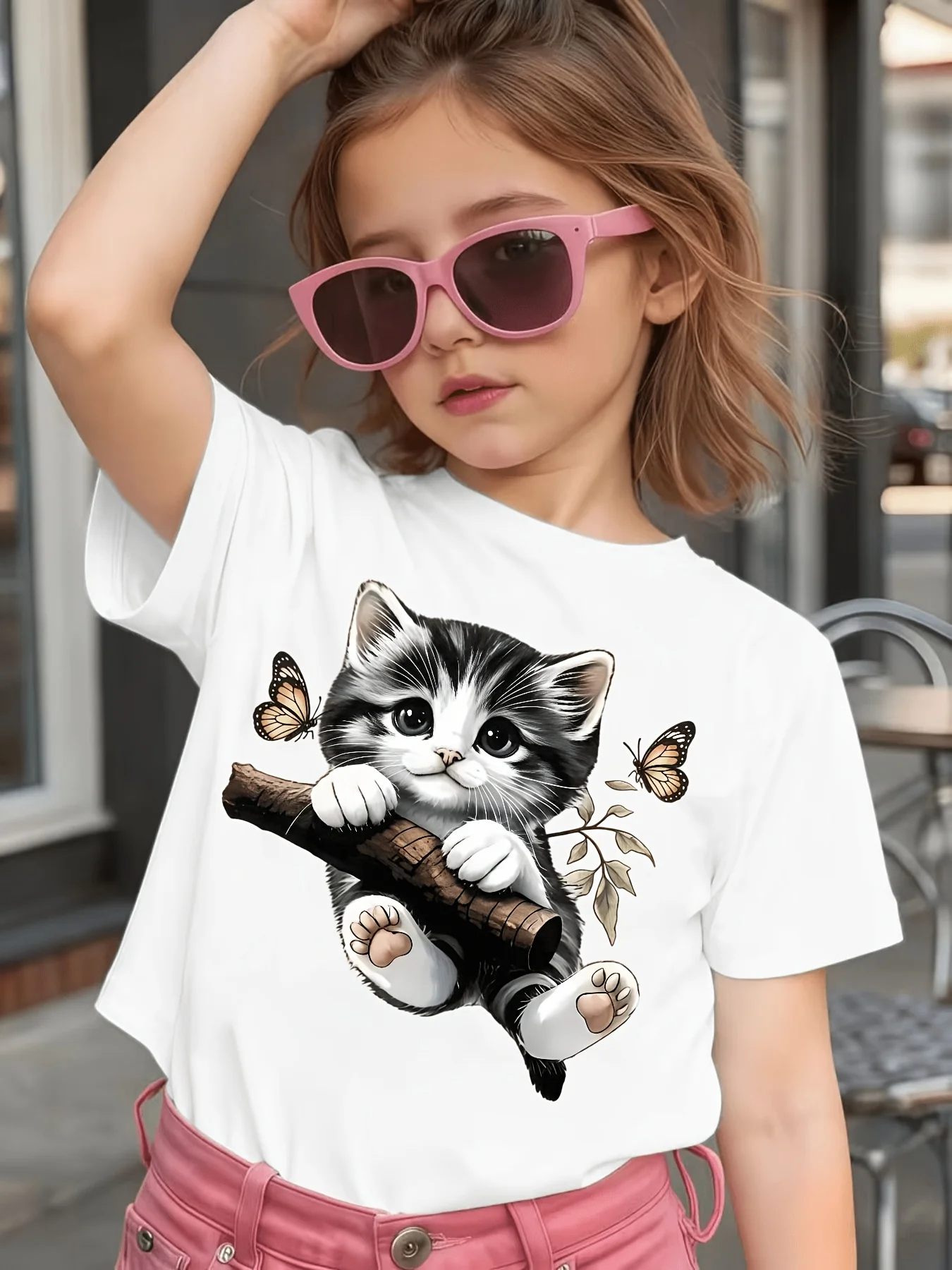 Branch Kitten Butterfly Kids T Shirt Lovely Pattern Boys Girls Parent Child Matching Cotton Summer Casual Short Sleeve Clothes