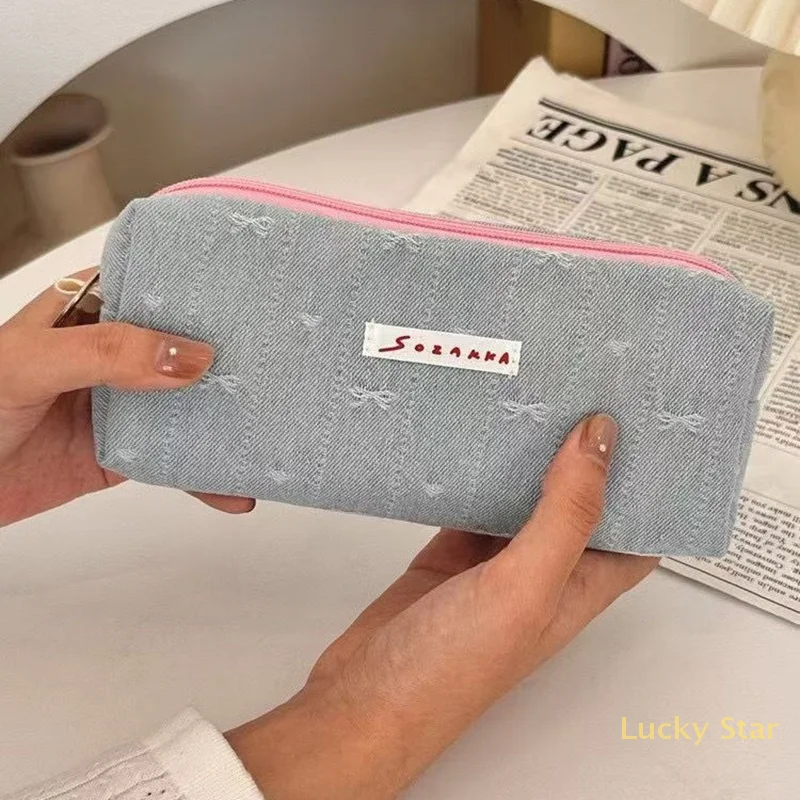 Ins Style Denim Pencil Case Cute Multi Functional Large Capacity Stationery Organizer Storage Bag Student Pen Bag Makeup Bag