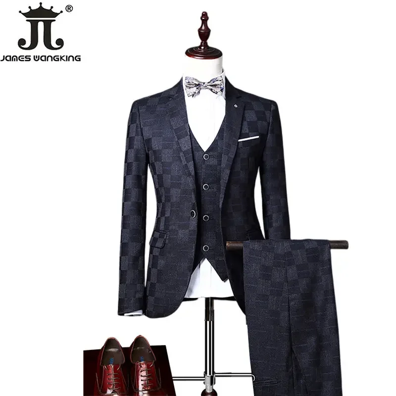 ( Jacket+Vest+Pants ) Boutique Fashion Plaid Men\'s Casual Business Office Suit Three Piece Set Groom\'s Wedding Dress Slim Suits