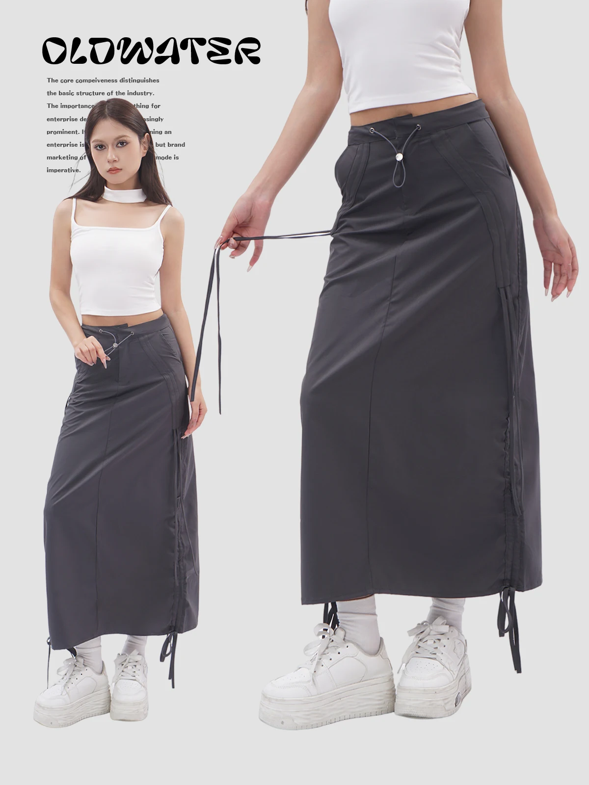 

High Waist Water ey Workwear Skirt Women's Mid-Length Loose Casual Split ket Dstring Skirt Street Sle Summer 2024