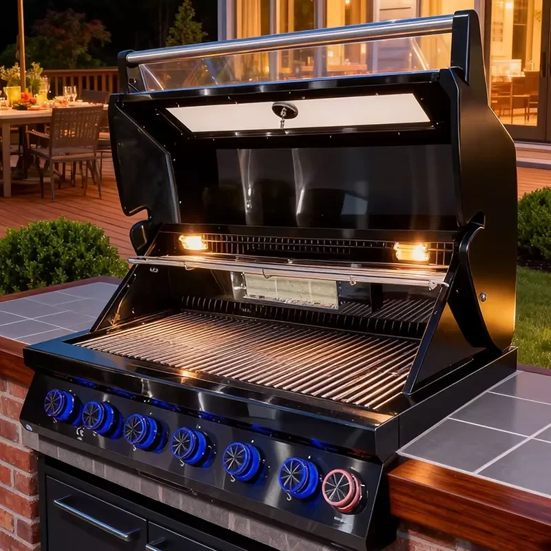 Portable Gas BBQ Grill Stainless Steel Outdoor Barbecue with LED Light Thermometer Modern Luxury Camping Garden Cooking Tool