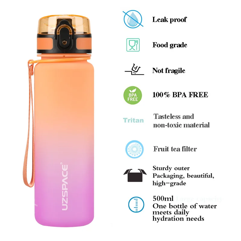 UZSPACE 500ml Sports Water Bottle Bounce Lid Timeline Reminder Leakproof Frosted Tritan Cup For Outdoor Sports Fitness BPA Free