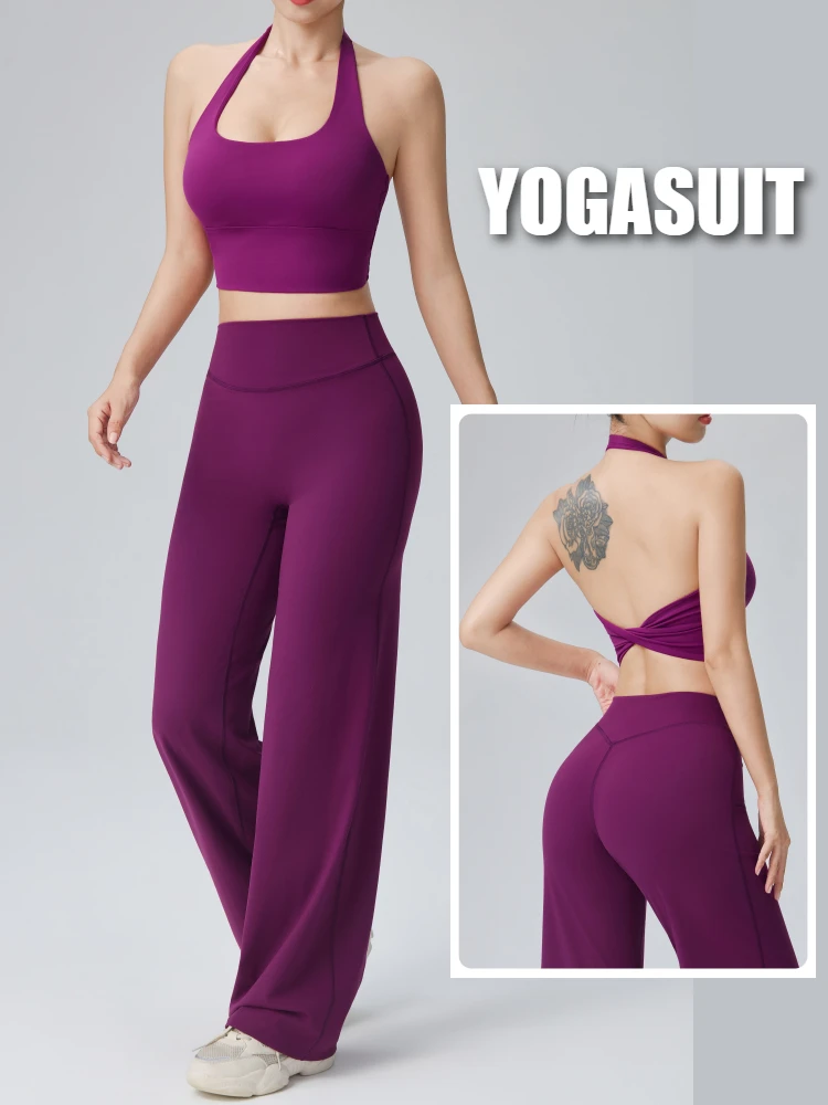 2pcs Woman Backless Hanging Neck Bra Loose Pants Yoga Set Summer Breathable Gym Sportwear Running Workout Top Yogasuit