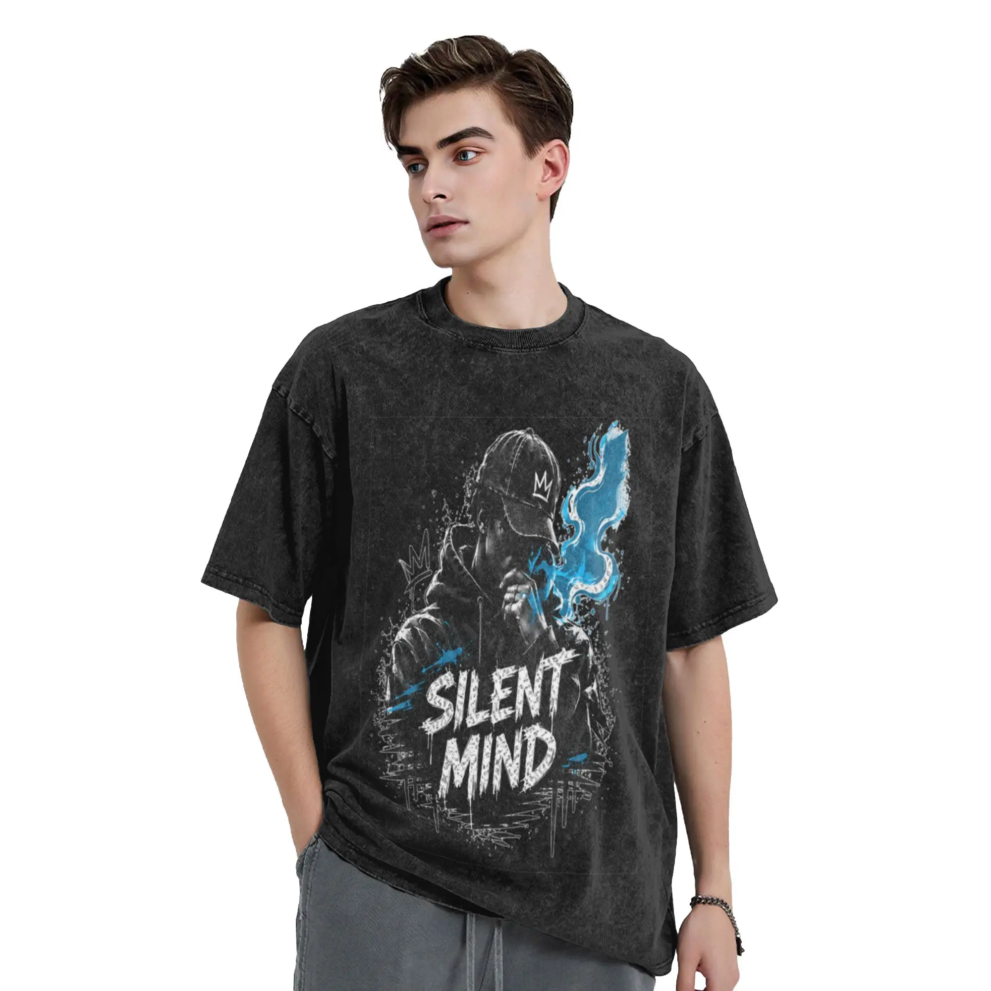 Silent Mind Streetwear Graffiti Design Classic Stylish A Washed T Shirt Men's Women's Oversized Cotton Tees Tops