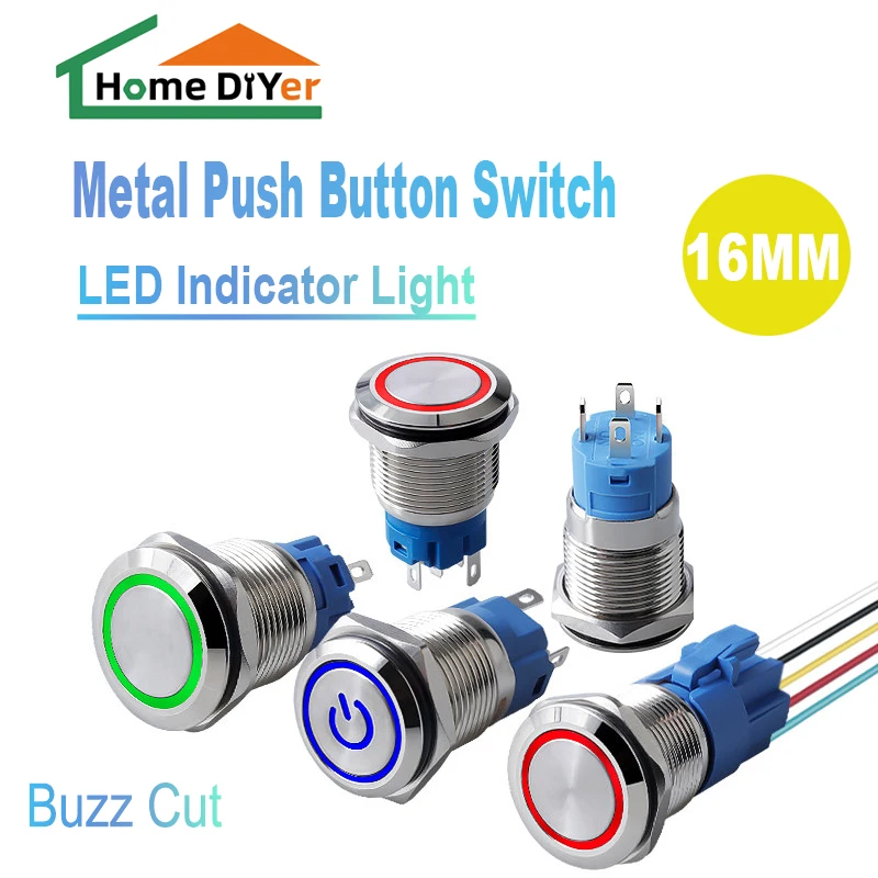 

1Pcs 16mm Metal Push Button Switch Flat Head 1NO1NC Start Stop LED Light Red Yellow Blue Green White 3v 6v 12v 24v 220v