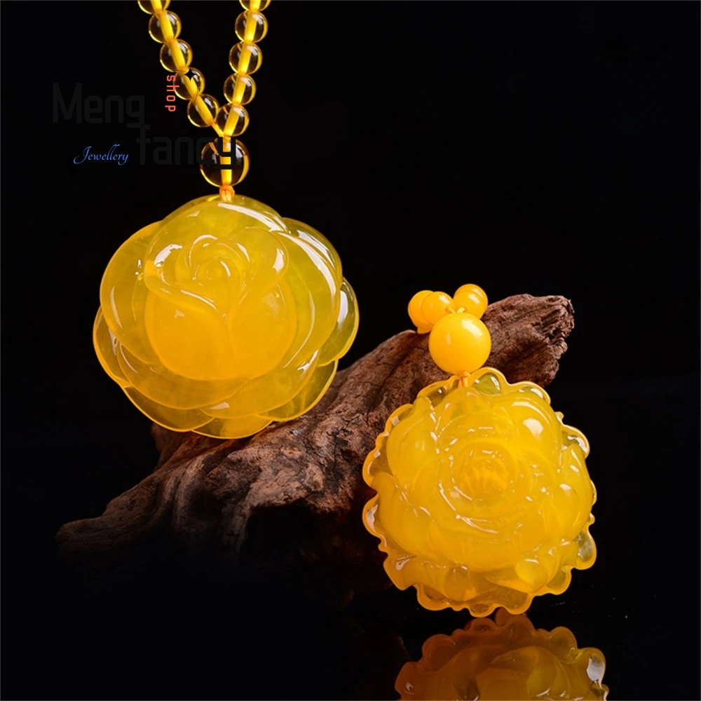 

Beeswax Pendant, Rose, Chicken Oil, Yellow Old Beeswax, Peony Flower Necklace, Women's Sweater Chain, Flower Carving Pendant