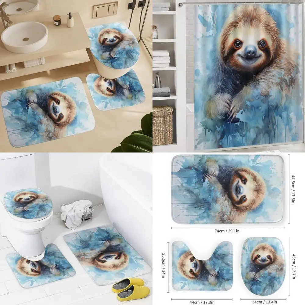 

4-Piece Watercolor Sloth Shower Curtain Set with Blue Ink Nature Theme, Including Rugs and Accessories for Bathroom Decor