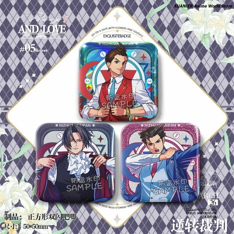 Miles Edgeworth Apollo Justice Ryunosuke Naruhodo Square Q Version Badge Brooch Pin Bedge Anime Decoration Backpack Pendant Gift