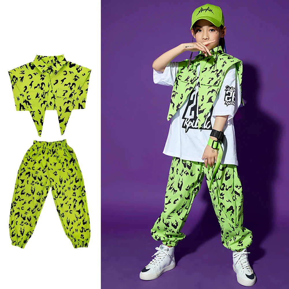 

Kids Boys Girls Street Dance Costume Show Kpop Jazz Shawl Cool HipHop Performance Top Coat Pants For Kids Girls