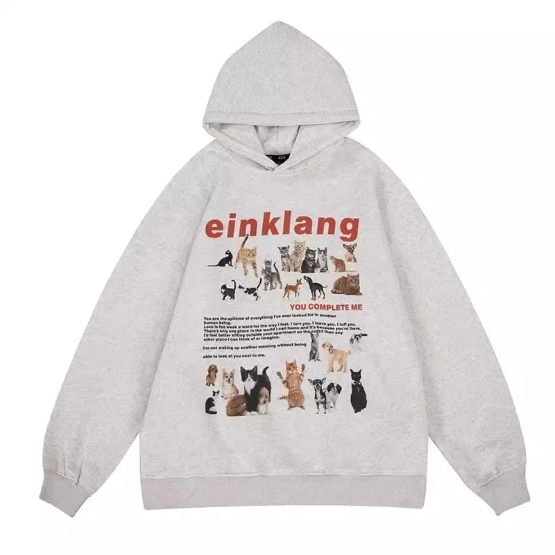 American Y2K Cat Dog Print Sudadera Thick Fleece Winter Sweater Hoodies Loose Cute Animal Pullovers Casual Women Vintage Couples