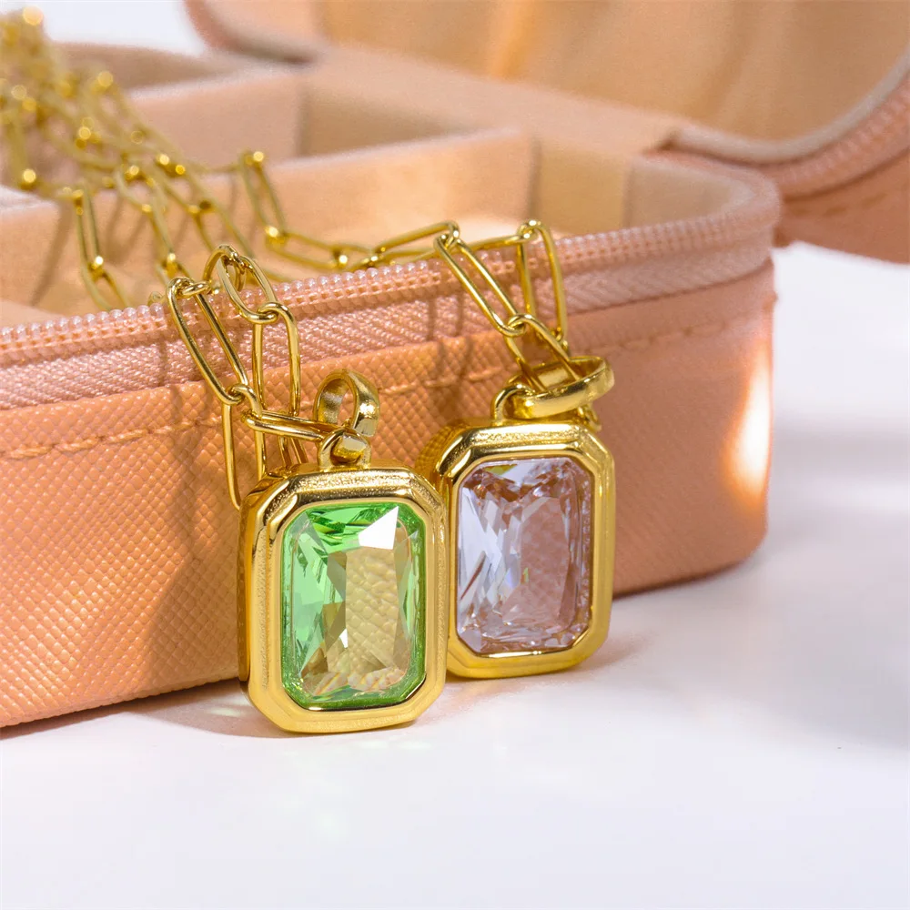 Vintage Colorful Square Crystals Pendant Necklace for Women 18K Gold Plated Paper Clip Link Chains Punk Stackable Chokers Gifts