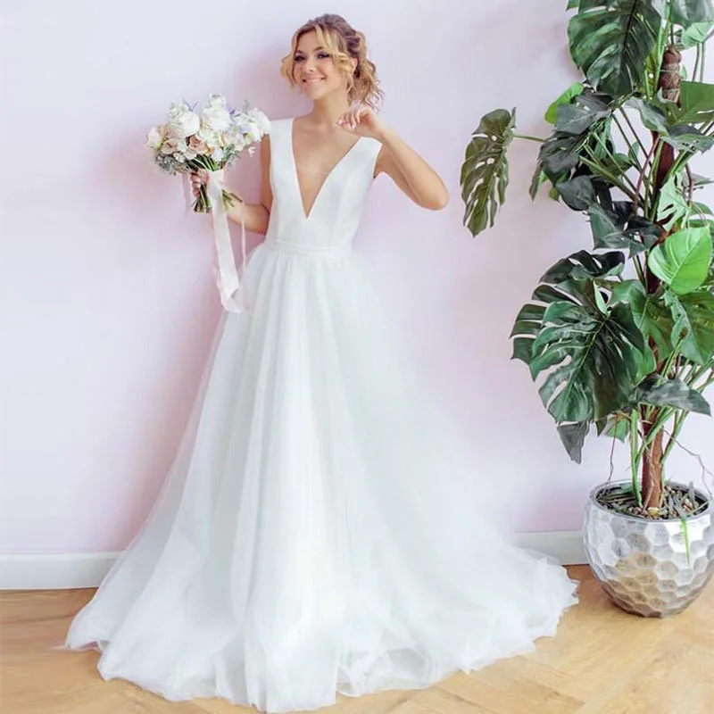 

White Gown Mesh New Satin Wedding Dress SexyVBackless Collar