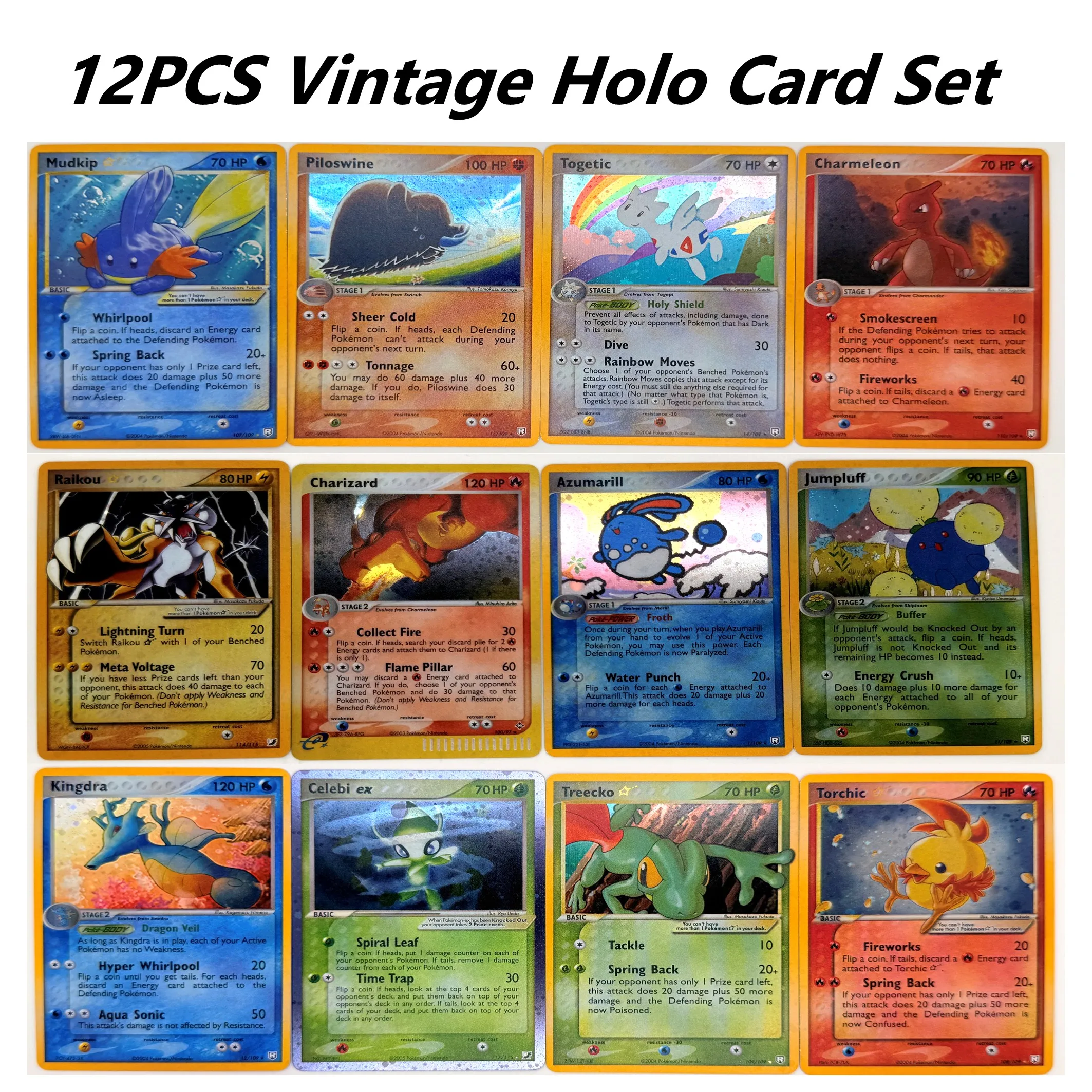 12 Stück Pokemon Proxy-Karten Vintage Holo Rocket Charizard Raikou Celebi ex Treecko Torchic Mudkip DIY TCG Sammlung