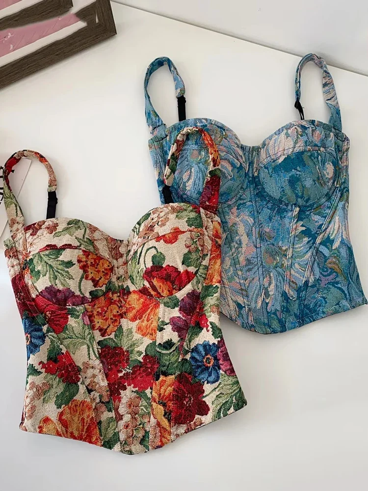 

French Style Vintage Painting Sling Tees Strapless Slim Sexy Streetwear Hip Hop Tanks Pure Desire Unique Spice Girls Tops