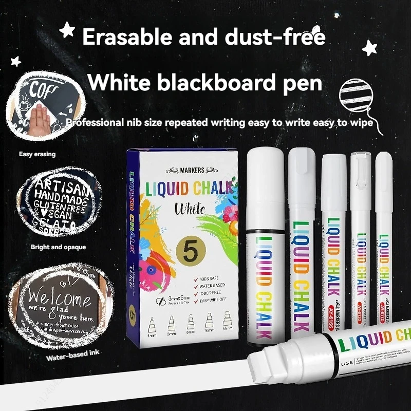 

5Pcs White Liquid Chalk Marker, Erasable, Non-Toxic, Water-Based, 1-15mm For Blackboards, Windows Markers