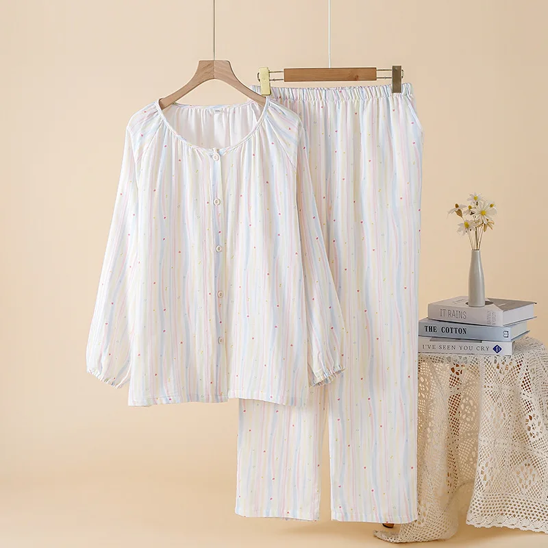 

Color Striped Polka Dot Print Cotton Sleepwear Clothes for Women Summer Loose Thin O-Neck Long Sleeve Shirt Pants Pijama Suit