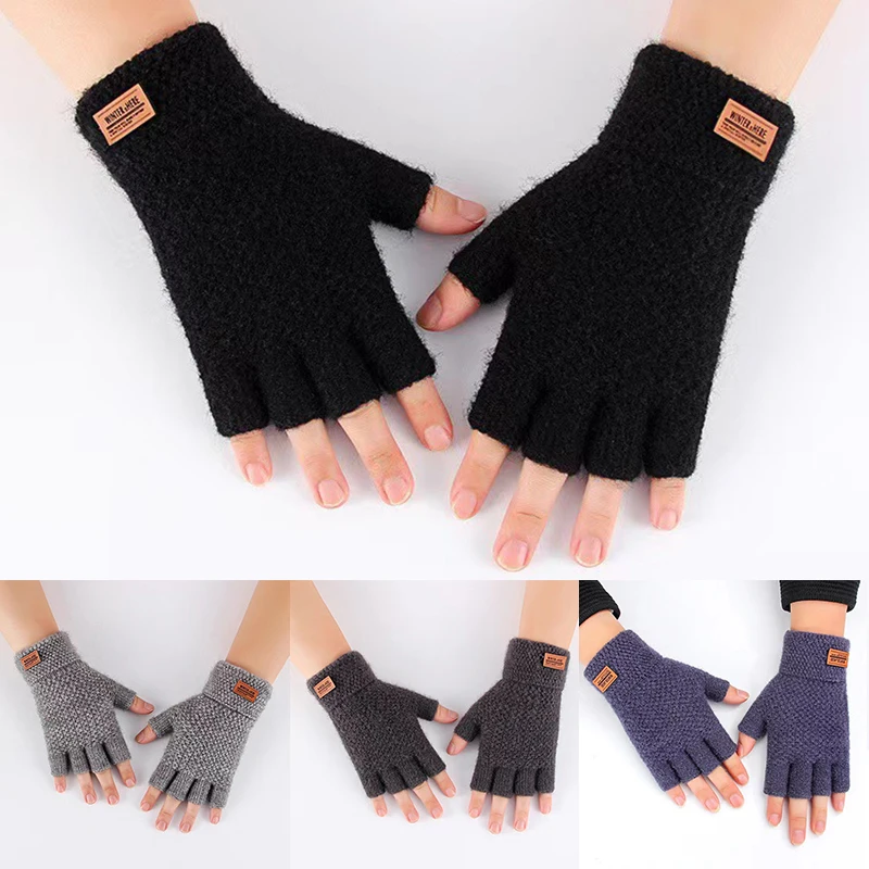 

High Quality Men Gloves Winter Warm Thicken Knitted Gloves Touchscreen Wool Cashmere Gloves Half Finger Glove Solid Male Mittens