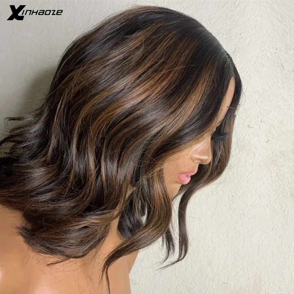 Dark Brown Highlights 5x5 Silk Top Transparent Lace Body Wave Malaysian Short Wave Human Hair Wig Pre Plucked For Black Women