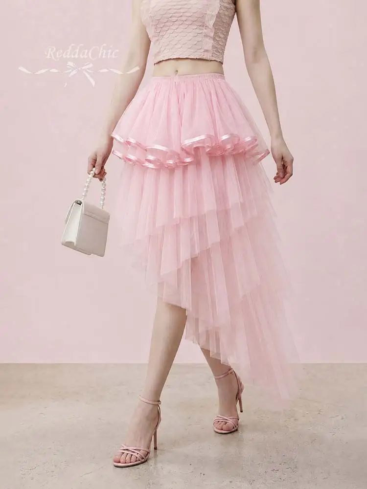 REDDACHiC Women Asymmetrical Tulle Tutu Gown Balletcore Elastic Waist Pink Layered Ruffle Flowy Cake Skirt Cute Summer Clothes