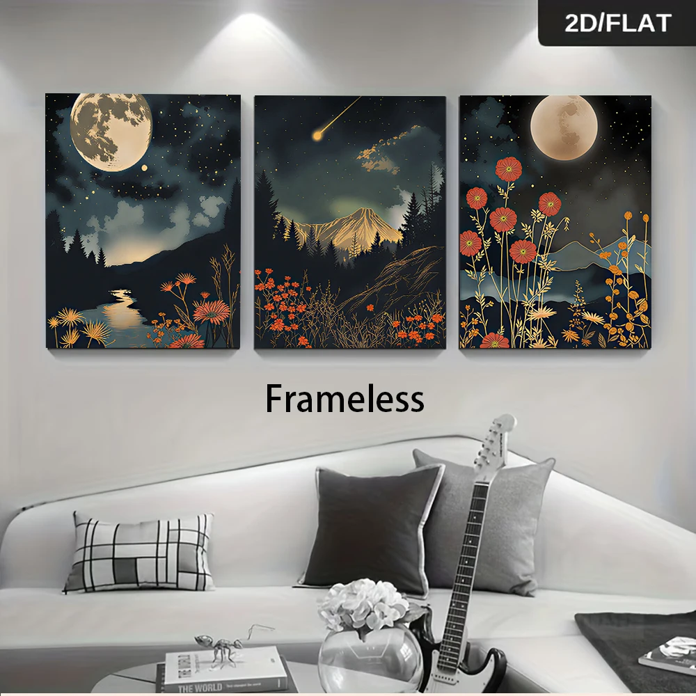 3PCS Frameless,1 set of three frameless modern minimalist background wall paintings featuring starry sky, moon, and landscape de