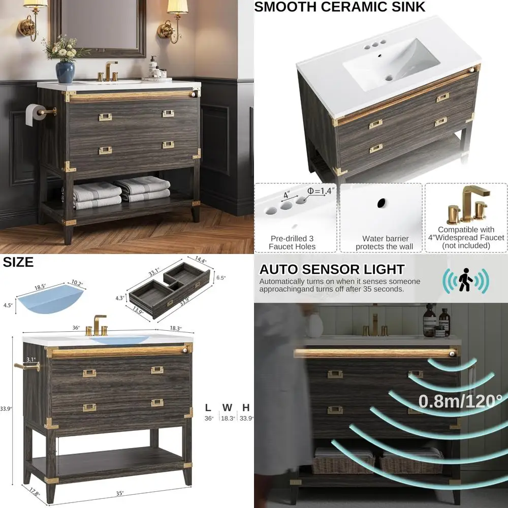 Freestanding Wood Vanity Set with Motion-Activated Light and 2 Drawers for Bathroom