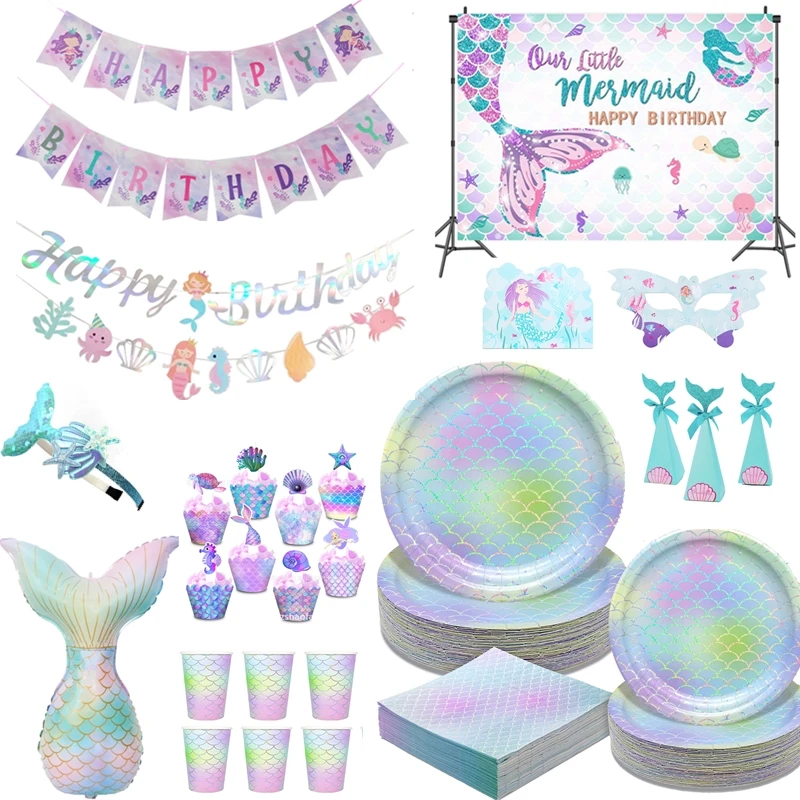 Mermaid Party Supplies Mermaid Disposable Tableware Cup Plates Tablecloth Mermaid Birthday Decorations Girls