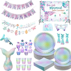 Suministros de fiesta de sirena, vajilla desechable de sirena, platos de taza, mantel, decoraciones de cumpleaños de sirena para niñas