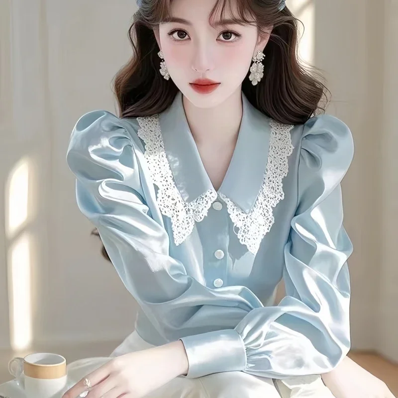 Satin Women's Blouses Lace Patchwork Korean Shirts FASHION Loose Spring/Summer Casual Clothing Solid Long Sleeve Women Tops