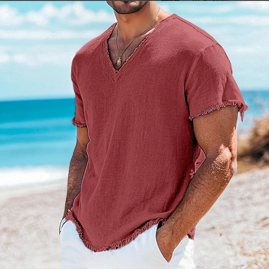 Summer Men's Retro V-neck Cotton Linen Shirts New Hawaii Casual Short Sleeve Beach Shirts Outdoors Personalized Men's T-shirt