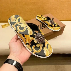 Leather yellow printed men's flip-flops summer and autumn high-end slippers beach shoes T38