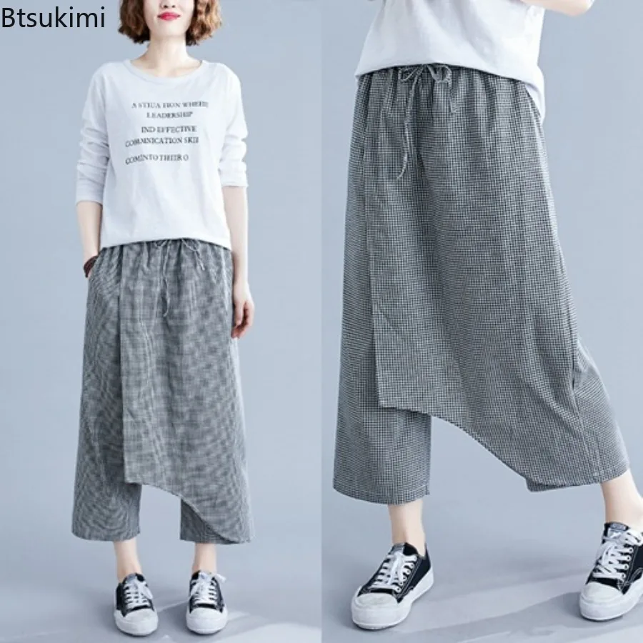 

Summer Cotton Linen Casual Pants for Women Fashion Plaid Loose Breathable Wide Leg Pants Literature Vintage Harem Pants Females