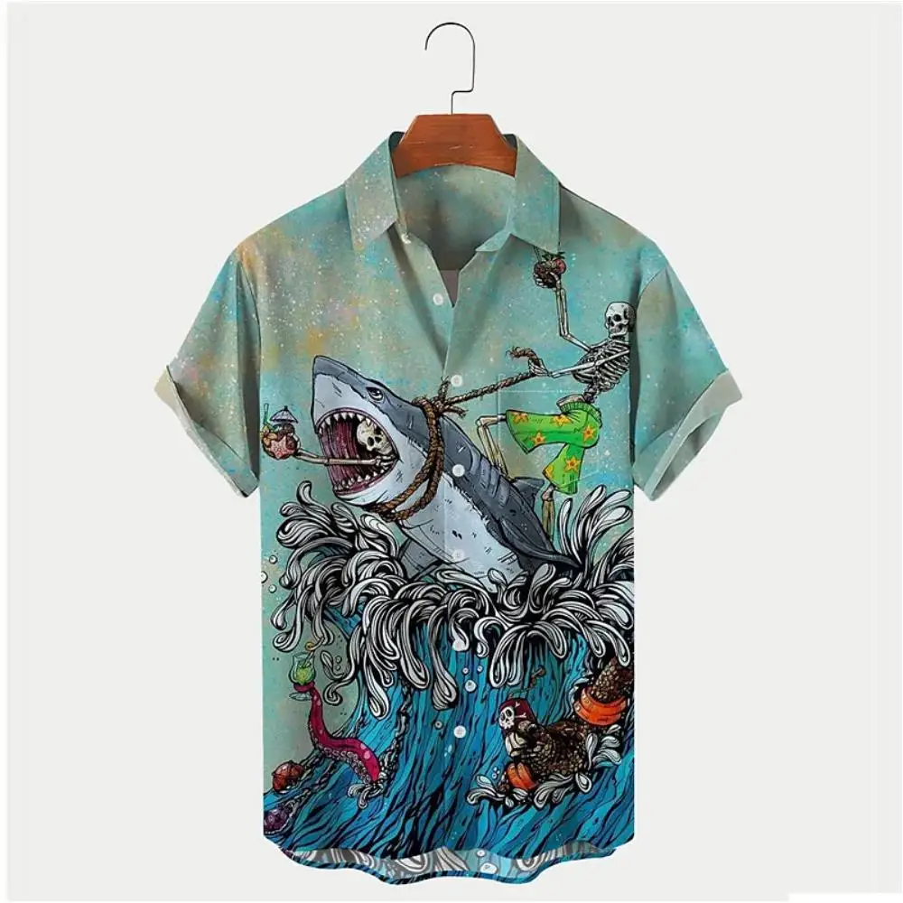 Shark Print Shirts For Men Sea Animals 2023 Summer Loose Hawaiian Shirt Man Summer Tops Casual Fashion Short Sleeve Men Clothing