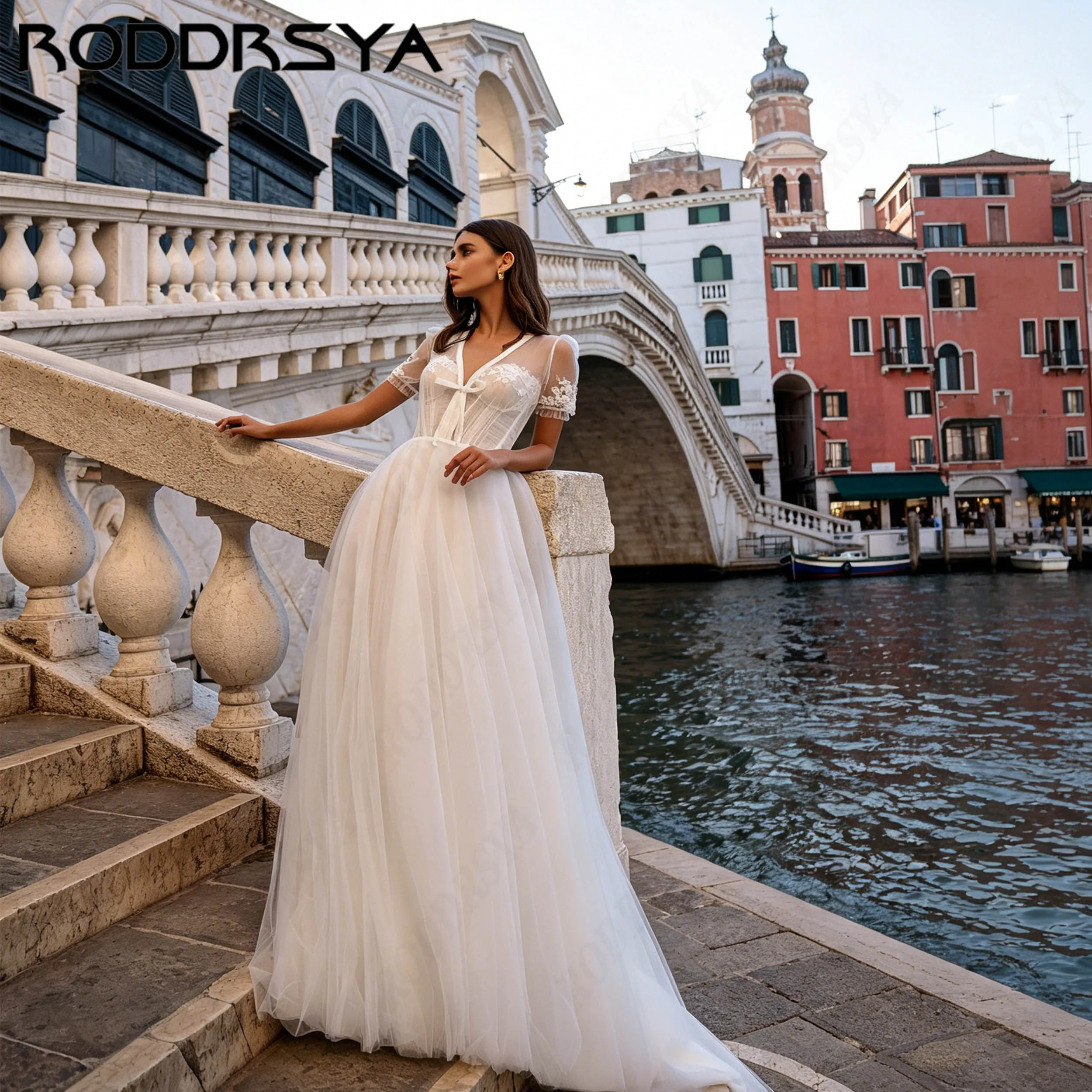 RODDRSYA V-Neck A-Line Wedding Dress For Women Appliques Puff Sleeve Tulle Bridal Gown Vintage vestidos de novia Personalized