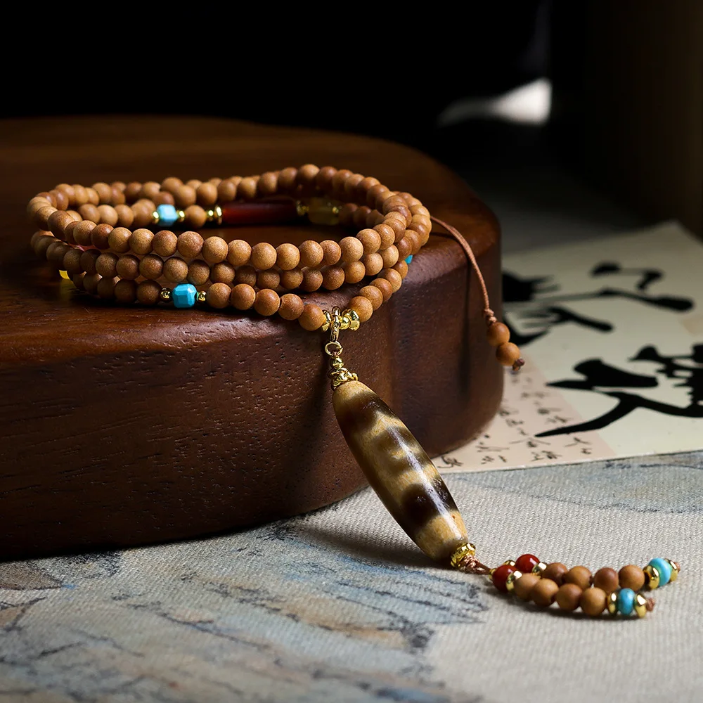 Handwoven Sandalwood New Chinese Style Necklace Tibetan Garuda Dzi Bead Sweater Chain Gifts
