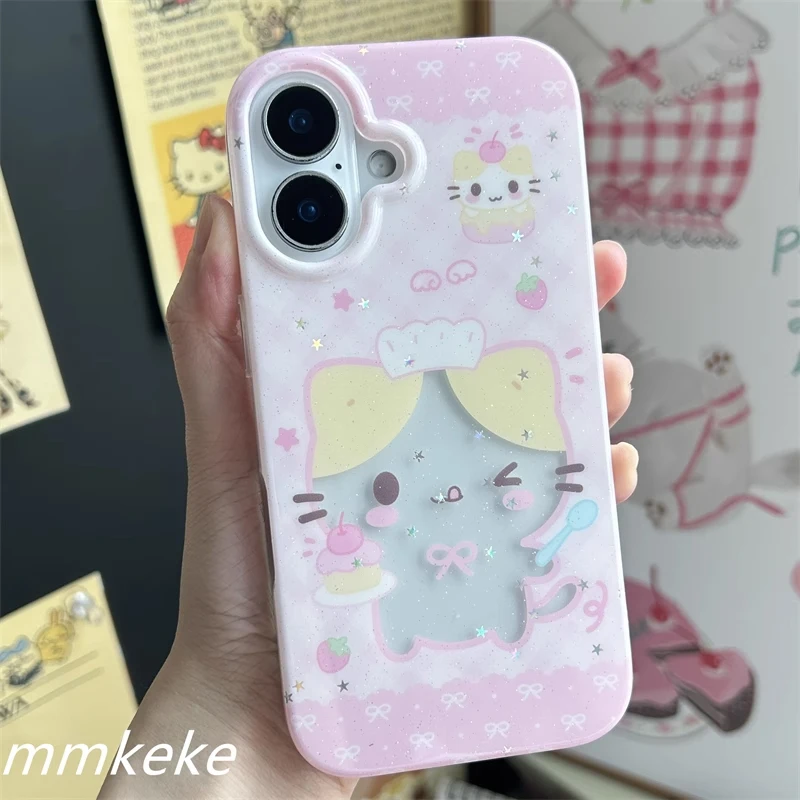 Y2k japão rosa morango algodão doce gato bonito caso de telefone para iphone16 15 14 13 12 11 pro max 78plus mini ins fashiy sorte capa