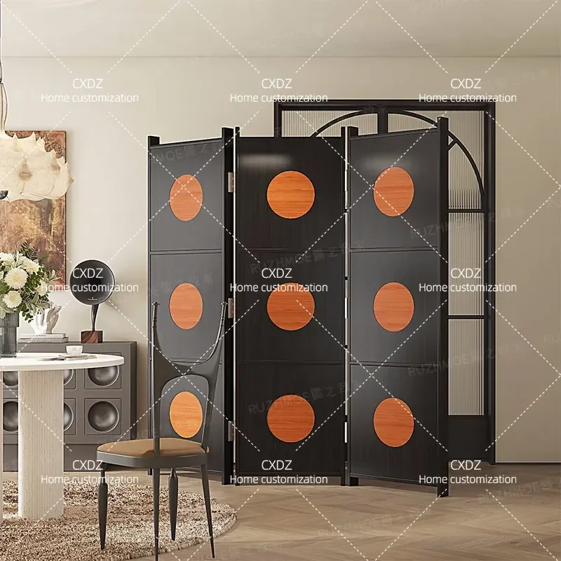Retro Foldable Wooden Screen Partition Mobile Room Divider Black Solid Wood Curtain for Living Room Bedroom Office Decor