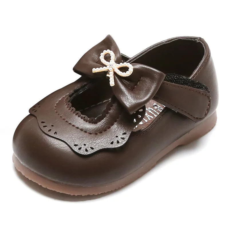 Kinder Leder Schuhe Mädchen Britischen Stil kinder Perle Bogen Einzelnen Schuhe Baby Weichen Boden Nicht-slip PVC kleinkind Schuhe