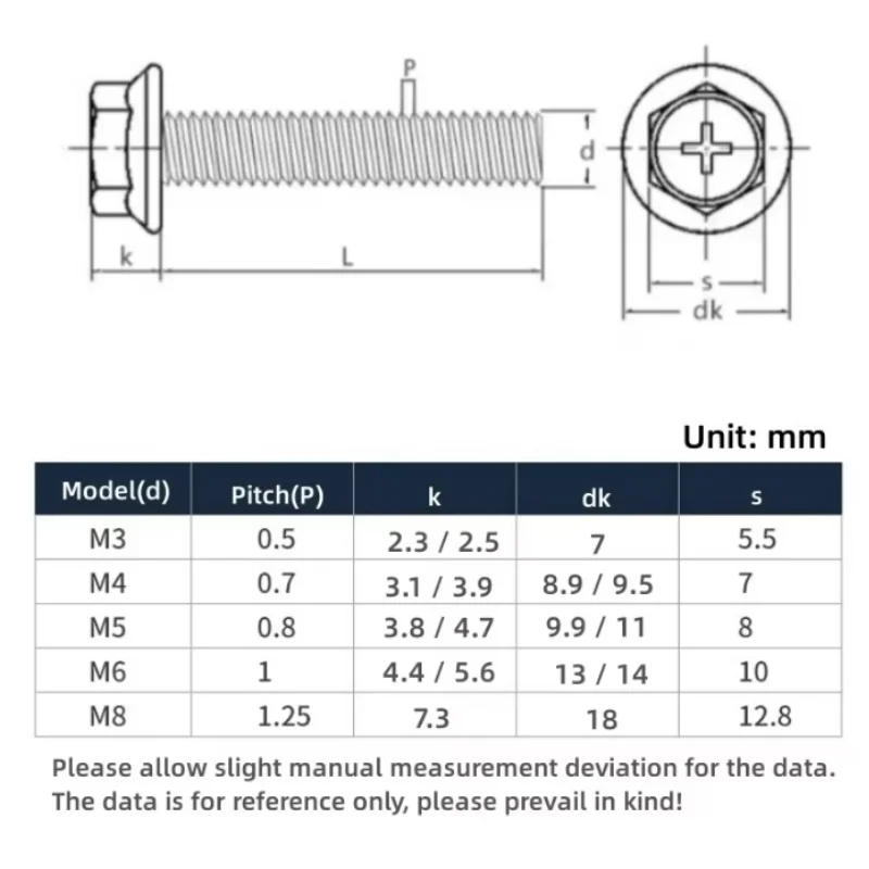 304 A2 Stainless Steel Phillips Hex Head Flange Screws & Nylon Locknut Set Cross Bolt Non-Slip With Washer M3 M4 M5 M6 M8