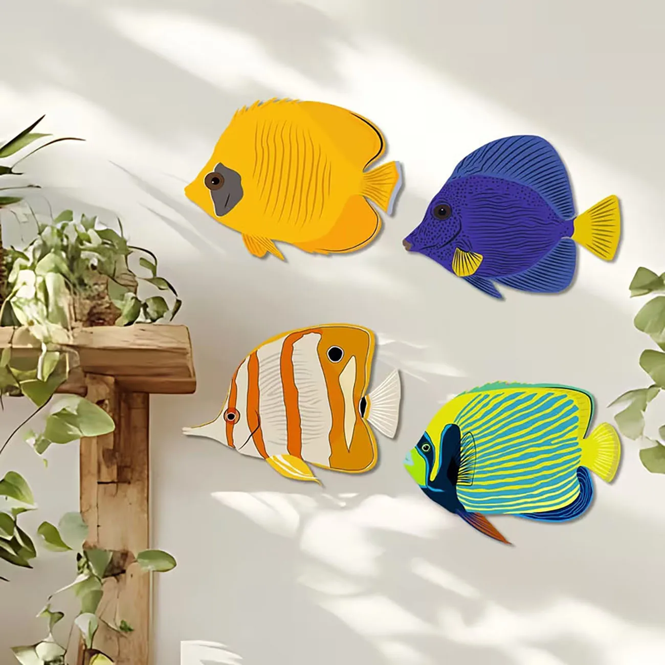 4 Pcs 2D Flat Wooden Tropical Fish Wall Decor Colorful Reef Fish Wall Art With Nano Tape No Drilling Coastal Home Wall Ornament view 3