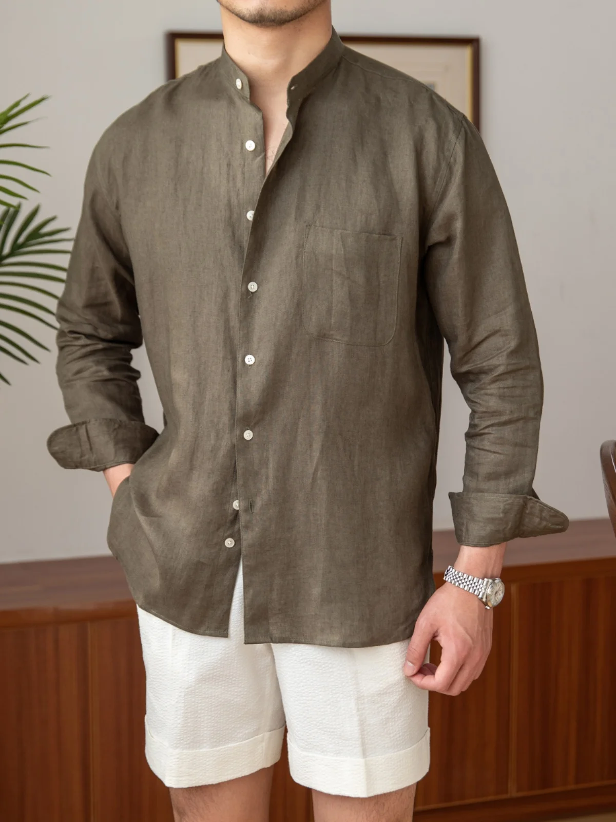 High-End Loose Design Casual Breathable Pure Linen Long-Sleeved Shirt Versatile Holiday Stand Collar Shirt for Men
