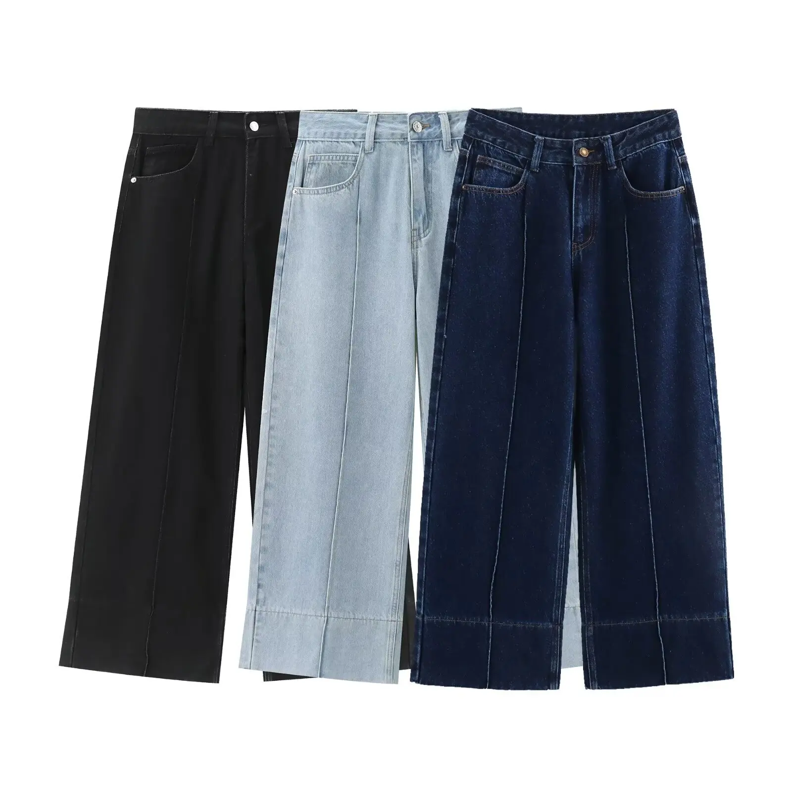 2025 Women's Fashion High Waist Ankle-Length Wide-Leg Casual Denim Pants 5862093