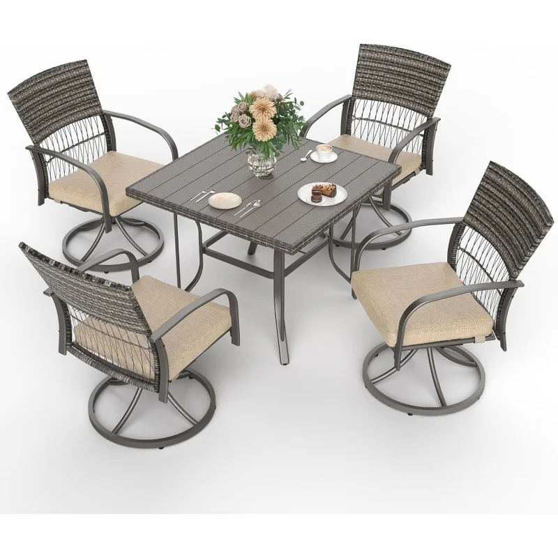 

5-Piece Beige Rattan Outdoor Furniture Set, Iron Slats Dining Table & 4 Swivel Patio Chairs, Weather Resistant with Removable