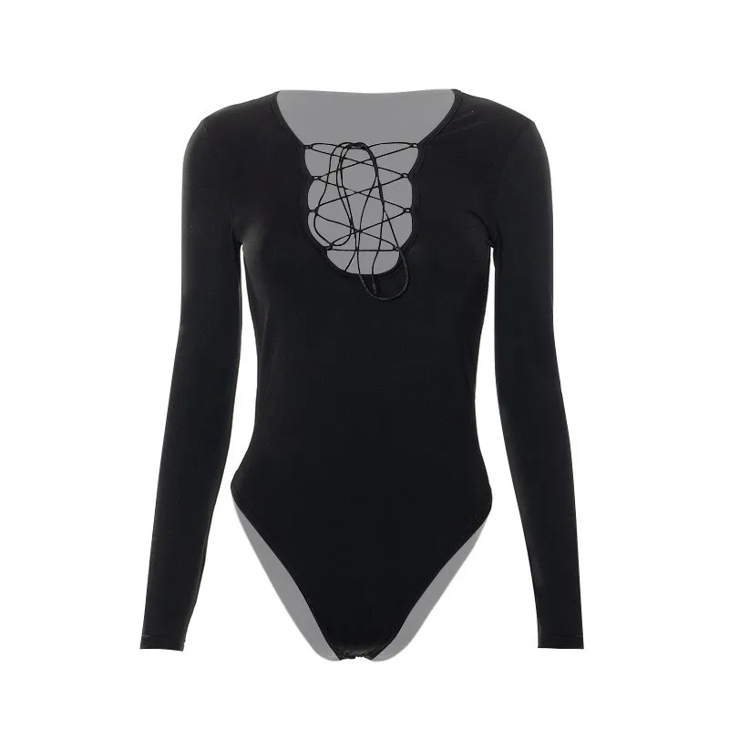 Casual magro preto bodysuit feminino manga longa com tiras sexy oco corpo superior algodão bodycon macacão senhoras