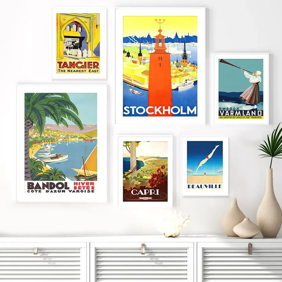 Travel Inspired Wall Art Canvas Featuring Cities Monaco Tangier Firenze Suisse Nordic Style Posters and Prints for Living Room