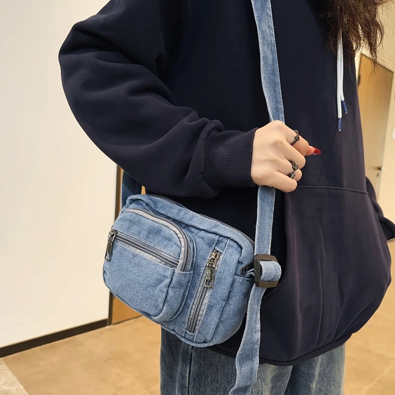 Classic Denim Multi Pocket Casual Small Shoulder Bag With Adjustable Shoulder Straps Zero Wallet Solid Color Fun Crossbody Bag